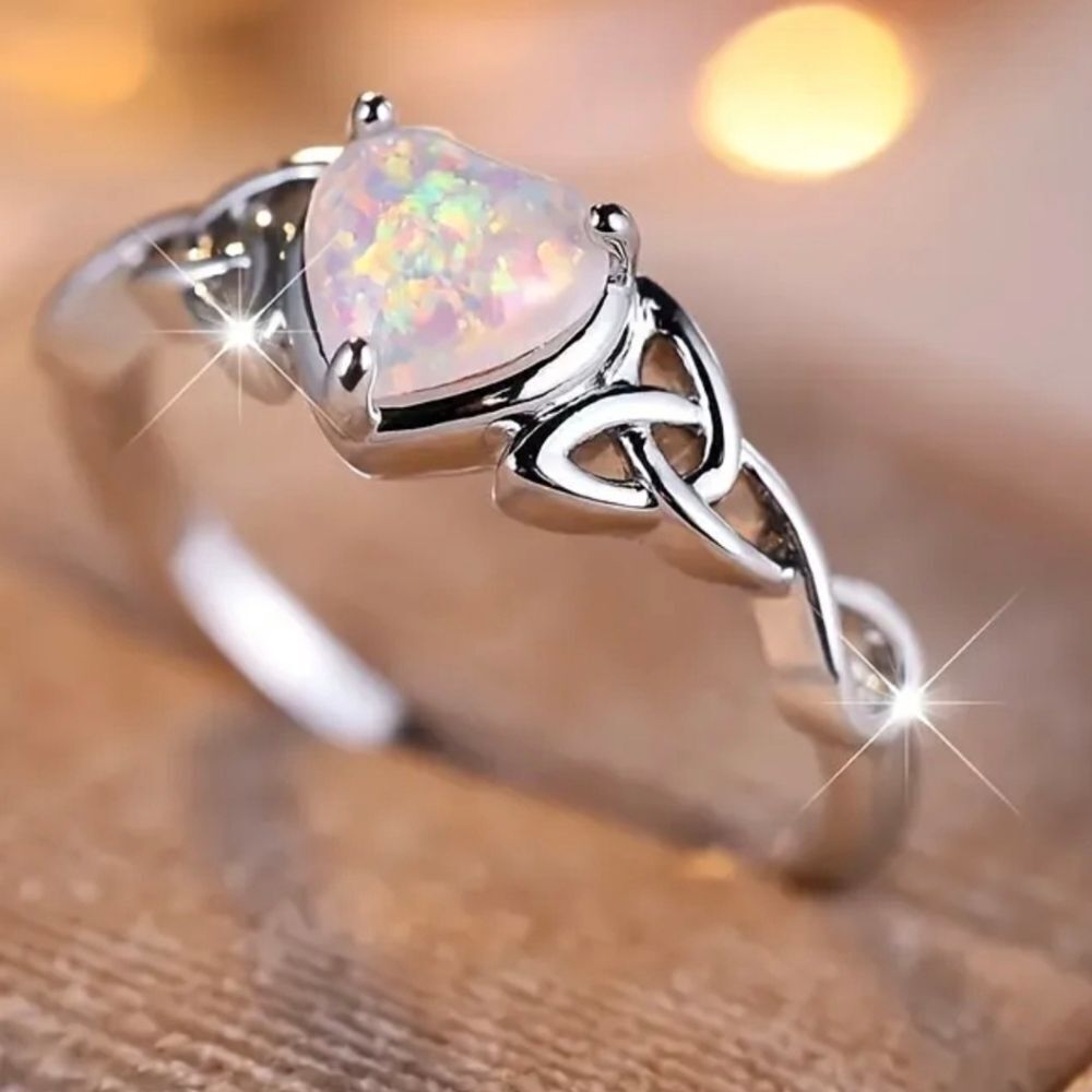 Heart Shaped White Opal Celtic Knot Ring Silver Alloy Size 8